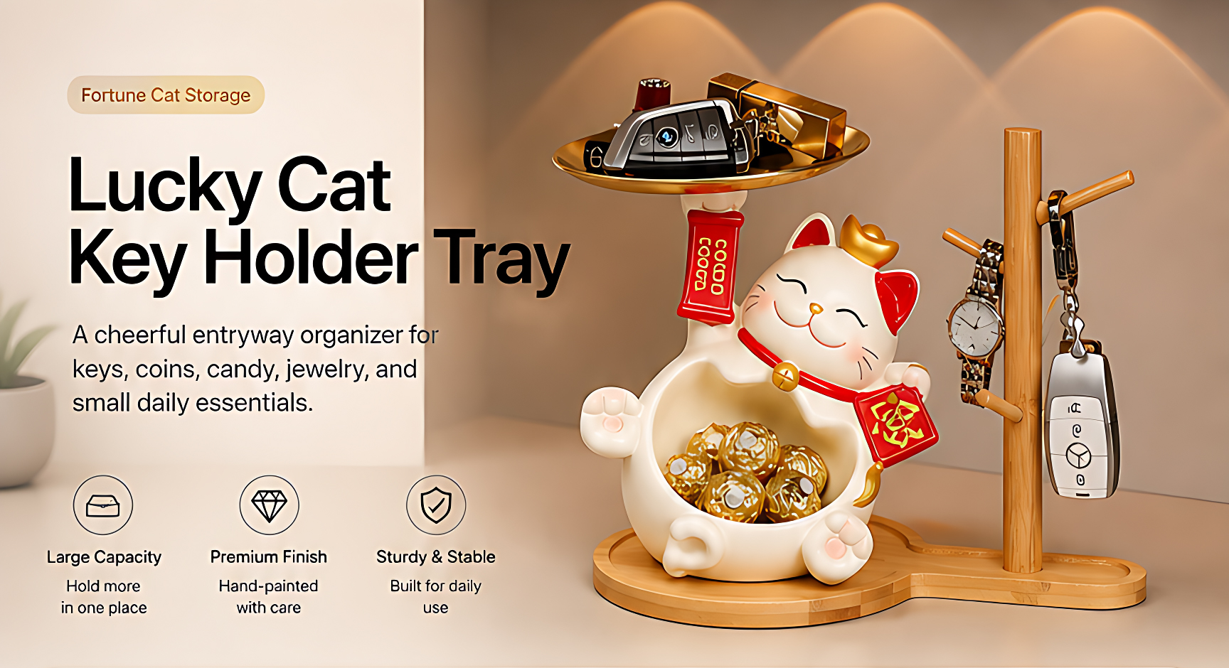 Lucky Cat Key Holder with Wooden Rack, Cute Entryway Organizer for Glasses, Watches & Jewelry - NexGlow