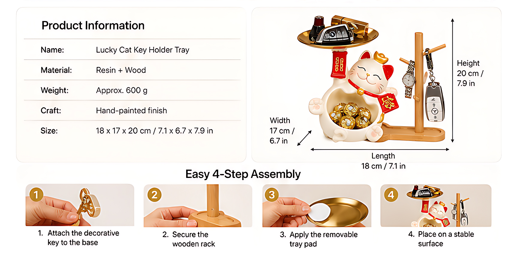 Lucky Cat Key Holder with Wooden Rack, Cute Entryway Organizer for Glasses, Watches & Jewelry - NexGlow Lucky Cat Key Holder with Wooden Rack, Cute Entryway Organizer for Glasses, Watches & Jewelry - NexGlow