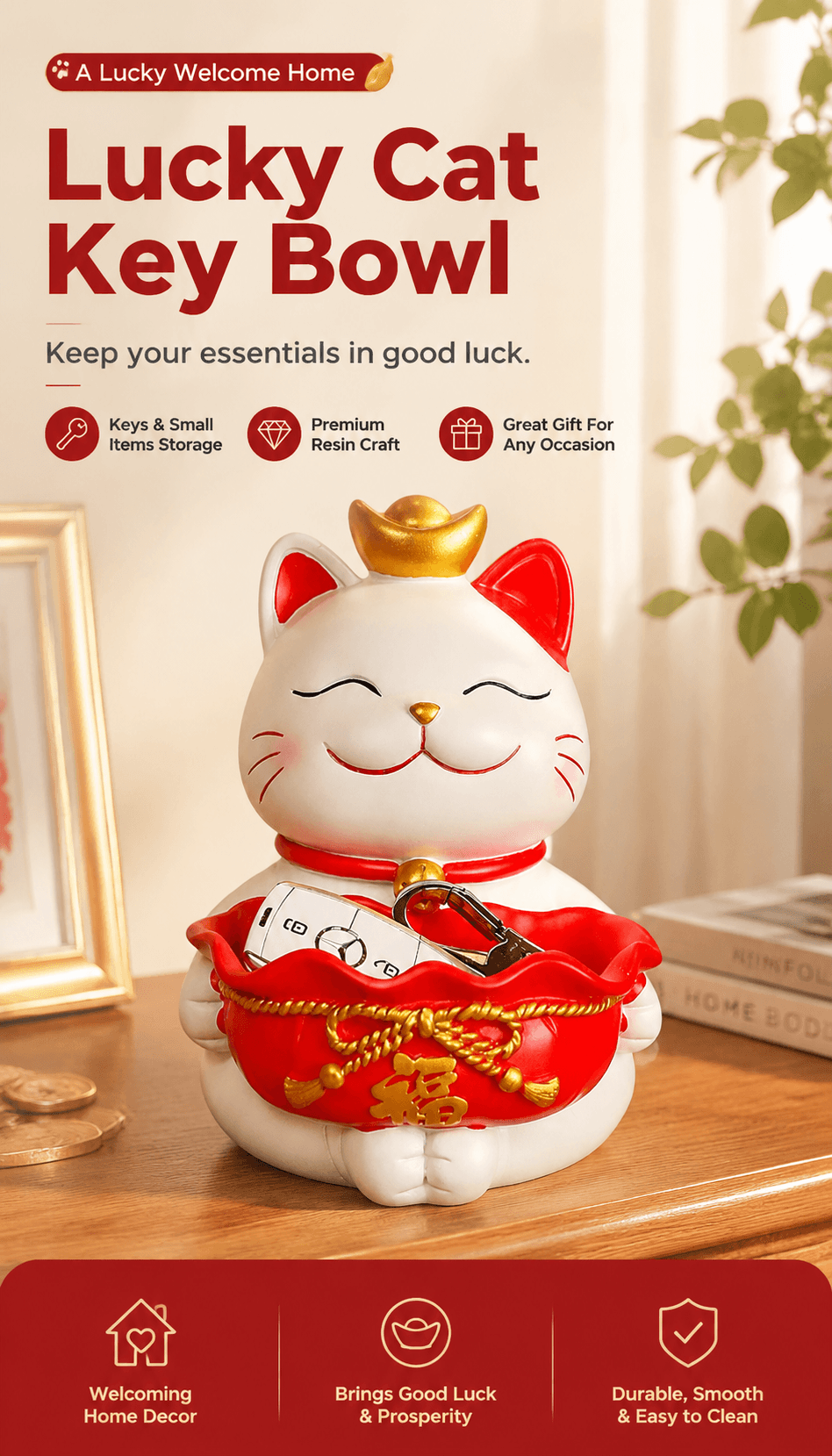 Lucky Cat Storage Bowl Key Holder - NexGlow