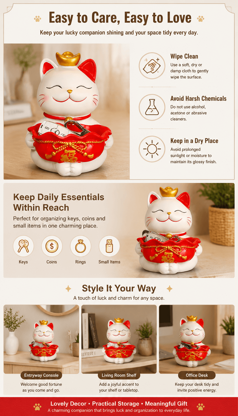 Lucky Cat Storage Bowl Key Holder - NexGlow