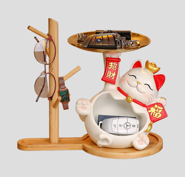 Lucky Cat Key Holder with Wooden Rack, Cute Entryway Organizer for Glasses, Watches & Jewelry - product image 1