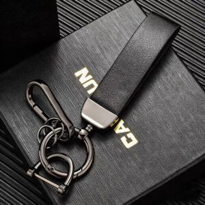 Black leather car keychain with metal clip