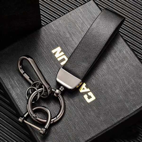 Black leather car keychain with metal clip