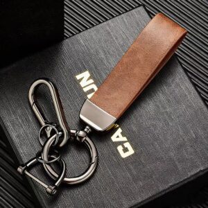 Brown leather car keychain with metal clip