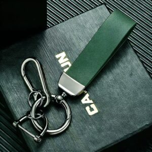 Green leather car keychain with metal clip