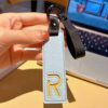 R initial leather keychain in blue